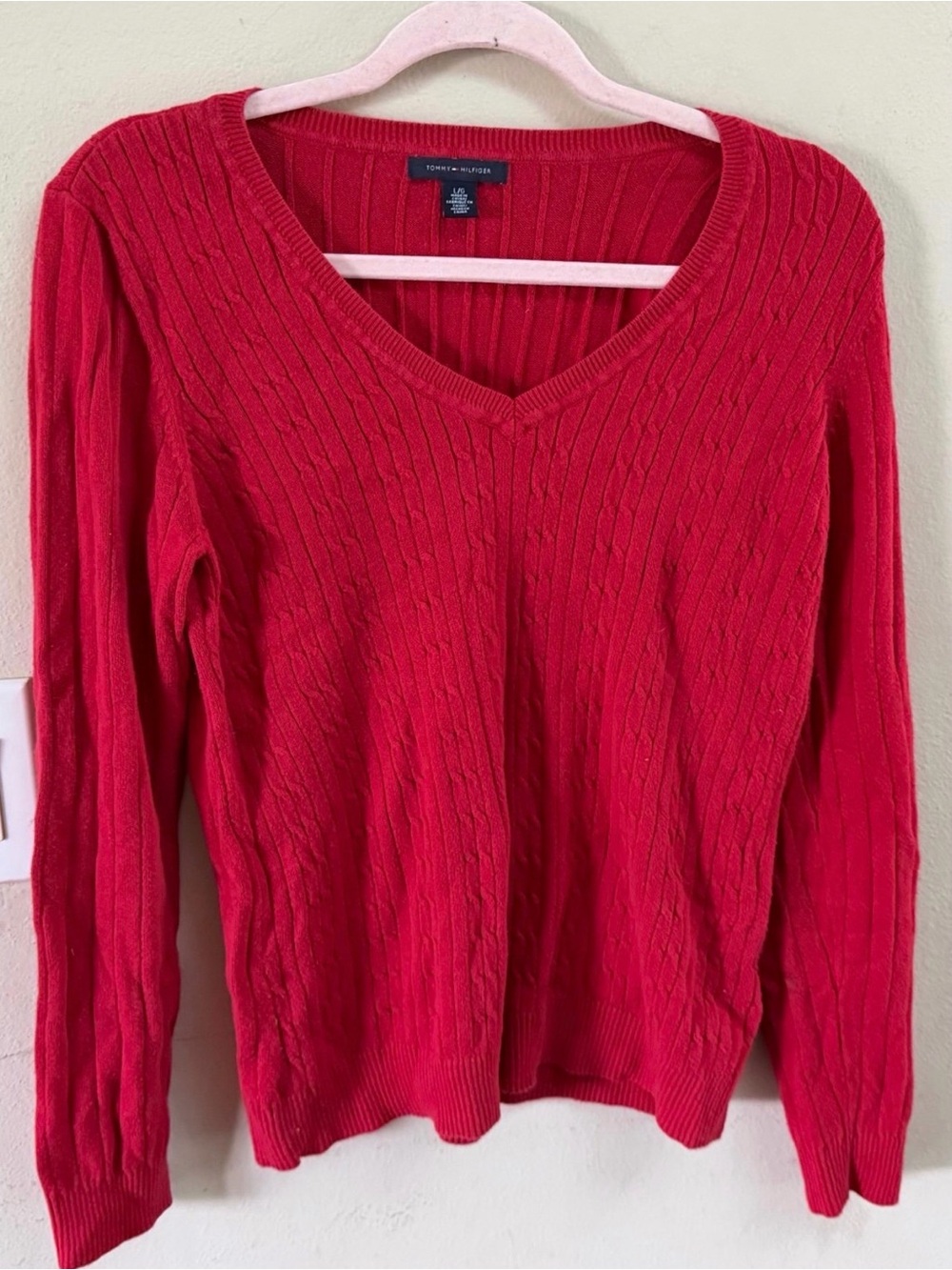 Tommy Hilfiger Vibrant Red Cable V-Neck Sweater